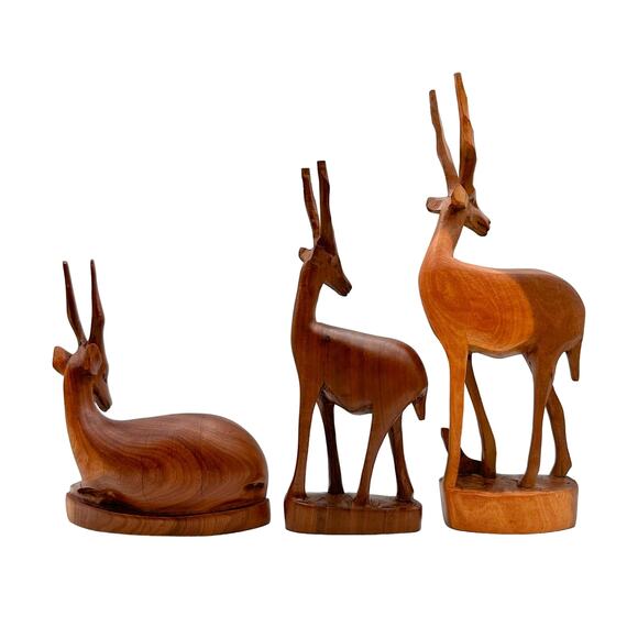 Hand Carved Kenyan Teak Antelope Gazelle Deer Mid Century Wooden Figurines (3) - Picture 5 of 13